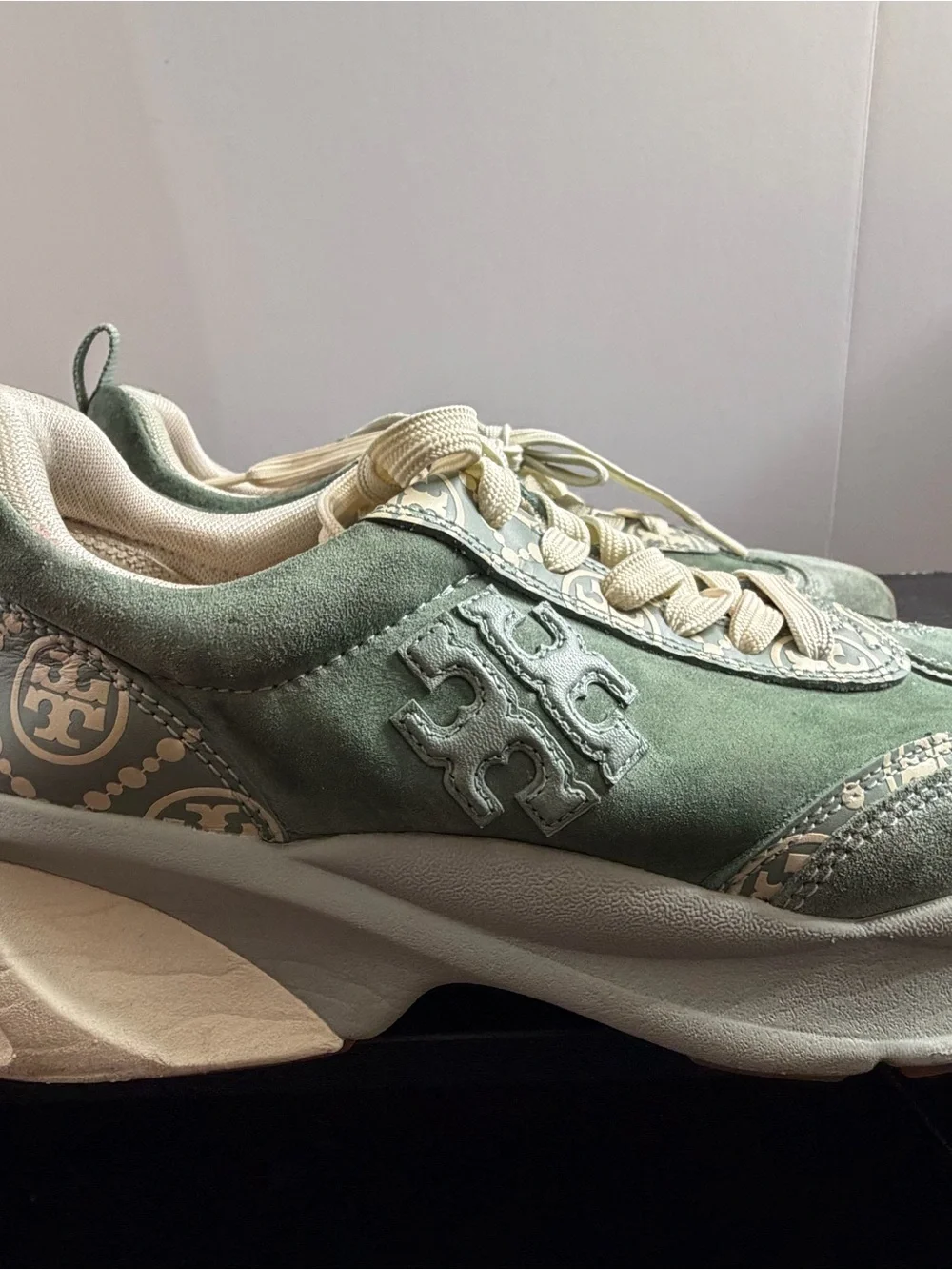 Tory Burch Sage Green Suede Sneakers with Cream Logo Panels